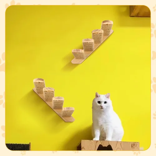 Miniatura 6 de Paquete de 2 estantes de escalada para gatos montados en la pared Escalera de madera para gatos Escalera de escalada para gatos de 4 escalones