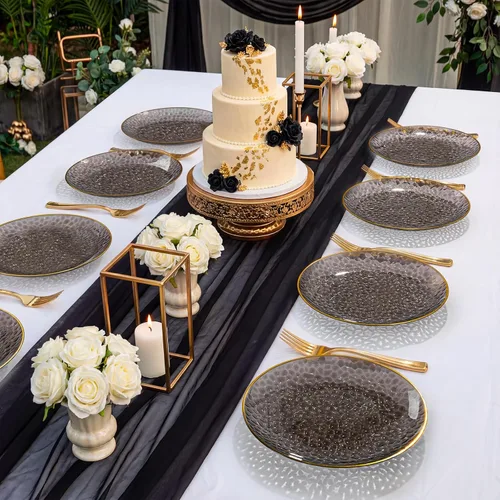 Miniatura 6 de DaYammi 240 platos de plástico negro que incluyen 120 platos de postre negros y 120 tenedores dorados, plato de fiesta martillado, platos