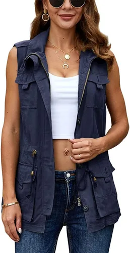 Miniatura 3 de Koodred - Chaleco militar casual para mujer, ligero, sin mangas, con cordón, con bolsillos