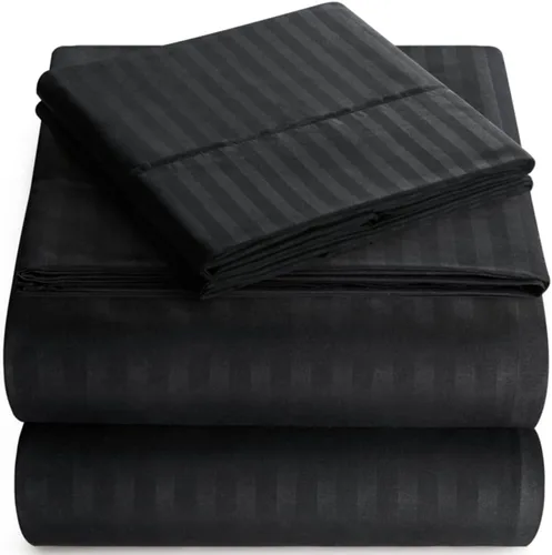 Juego de sábanas Queen – Sábanas de 4 piezas a rayas tamaño Queen – Juego de sábanas de bolsillo profundo suave y refrescante – Ropa de cama de Negro