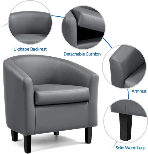 Miniatura 5 de Yaheetech Silla de barril de piel sintética, moderna silla de acento con patas resistentes de madera, silla de club de piel sintética, cómoda silla