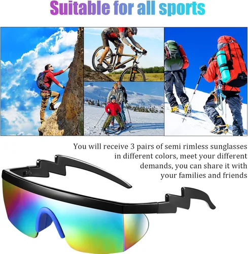 Miniatura 4 de 3 pares de gafas de sol retro semi sin montura de los años 80 y 90 con zigzag lentes transparentes de color arcoíris para hombres y mujeres