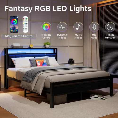 Miniatura 3 de HOJINLINERO Base de cama Queen con luces LED de cabecero, marco de cama tapizado negro tamaño Queen con estación de almacenamiento y carga,