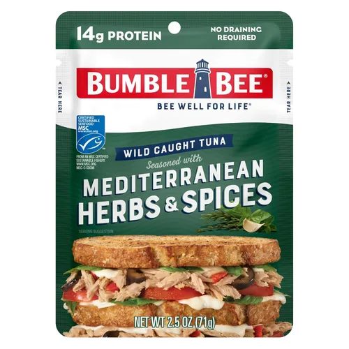 Bumble Bee - Atún sazonado con hierbas y especias mediterráneas, sobre de 71 g - Listo para comer - Paquete de atún capturado de forma salvaje - 14