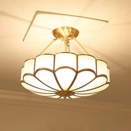 Miniatura 10 de Lámpara de techo de latón de 4 luces semiempotrada, candelabro dorado para comedor, lámpara de techo de vidrio esmerilado, luz empotrada moderna