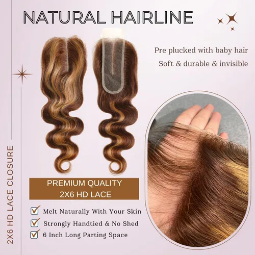 Miniatura 3 de ALHER Long Deep Part 2x6 Closure Body Wave Honey Blonde Highlight, Ombre Brown and Blond 2x6 Kim K Transparent HD Lace Closure Pre Plucked With Baby