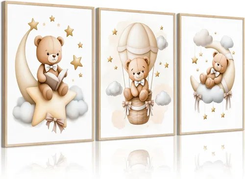 Miniatura 18 de Baccone Arte de pared para habitación de guardería con oso de peluche, póster para habitación de bebé niño o niña, decoración de pared de guardería