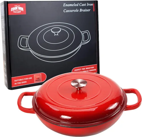 Miniatura 8 de Cacerola de hierro fundido COOKWIN, 3.8 QT, Sartén de hierro fundido con tapa y asas dobles, olla de superficie esmaltada de porcelana, Rojo