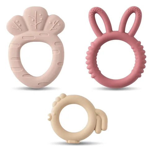 Miniatura 12 de 3 piezas de juguetes de dentición de silicona de Navidad para bebés, mordedores calmantes para la primera Navidad, diseño de muñeco de nieve suave