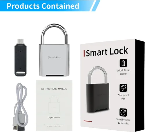 Miniatura 9 de Candado de huellas dactilares, cerradura inteligente biométrica, IP66 impermeable, cerradura de gimnasio de aleación de zinc recargable