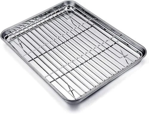 Miniatura 13 de TeamFar Juego de bandeja y rejilla para horno tostador, 9.3'' x 7'' x 1'', bandeja para horno tostador de acero inoxidable bandeja para asar,