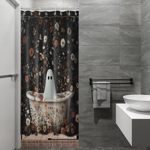 Miniatura 4 de LB Cortina de ducha pequeña de fantasma de Halloween de 48 x 68 pulgadas, forro de cortina de ducha de tamaño medio floral naranja, divertidas