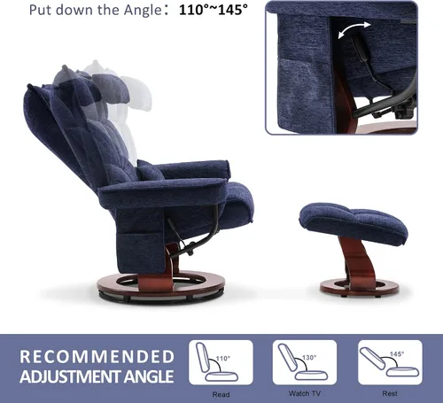 Miniatura 6 de MCombo Sillón reclinable giratorio con otomana, juegos de sillas de TV con masaje por vibración, ideal para espacios pequeños, sala de estar y Azul