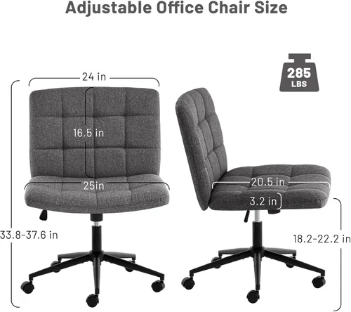 Miniatura 2 de Furniliving Silla de escritorio de oficina sin brazos, silla giratoria acolchada de tela de lino, silla de oficina ajustable en casa con ruedas