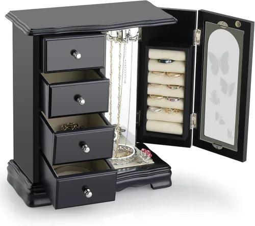 Miniatura 3 de RR ROUND RICH DESIGN Joyero Hecho de madera maciza con 4 cajones organizador y carrusel de collar integrado y espejo grande negro