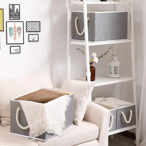 Miniatura 2 de Yawinhe Paquete de 3 cubos plegables de almacenamiento de tela, cubos plegables con asa de cuerda, organizadores grandes de armario para estantes