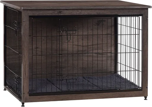 Miniatura 21 de DWANTON Mueble de jaula para perros con cojín, mesa de madera para perros con puertas dobles, casa de perro de interior, tamaño pequeño, mediano