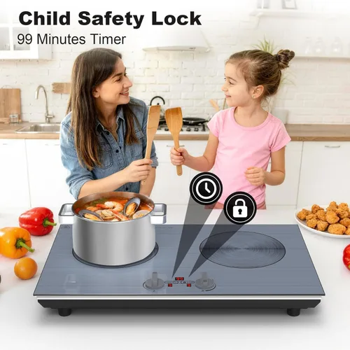 Miniatura 7 de GIHETKUT 2 burner Induction cooktop,110V 4000W induction hot plate with Brushed Panel,Knob Control,9 Power Levels, Kids Lock & Timer,LED touch
