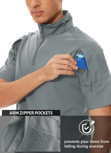 Miniatura 35 de MAGCOMSEN Camisas militares tácticas para hombre con cremallera de 1/4, manga corta, ajustada, camisa de camuflaje