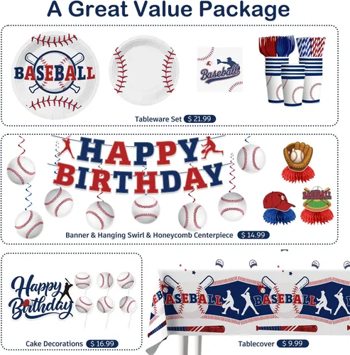 Miniatura 3 de Xynic Juego de vajilla de 202 piezas de decoración de cumpleaños de béisbol para 25 invitados, decoraciones de fiesta de béisbol incluyen pancarta