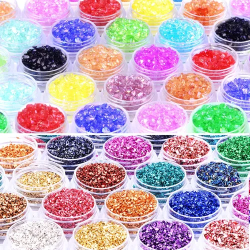 48 caja de vidrio triturado con purpurina fina para arte de resina, pequeñas piezas de vidrio roto irregulares, chips de cristal metálico, escamas