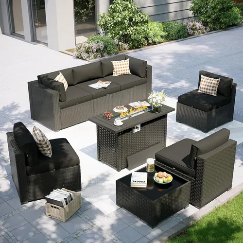 Miniatura 19 de Aoxun Juego de muebles de patio, 7 piezas de sofás seccionales para exteriores con funda impermeable, mimbre de ratán para exteriores, juego