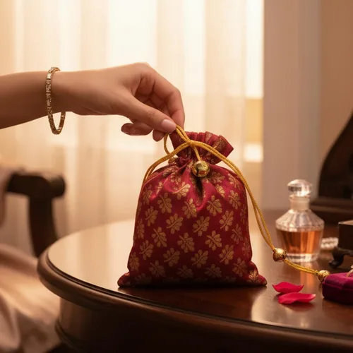 Miniatura 2 de Touchstone Bolsas con cordón de tela tradicional india, hechas a mano, perfectas para regalos, joyas, bodas, bolsas, bolsas, Potli, -Mimosa
