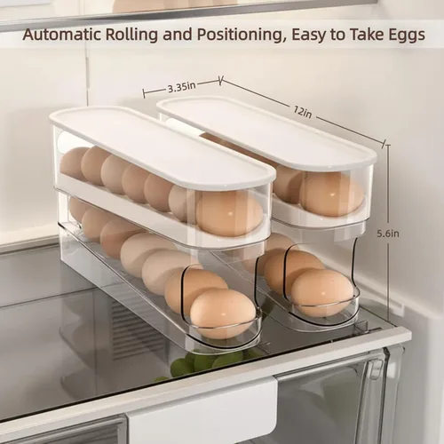 Miniatura 7 de Dispensador automático de huevos para refrigerador, organizador de huevos para refrigerador que ahorra espacio y almacenamiento con tapa, bandeja