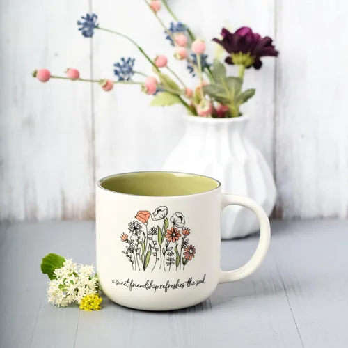Miniatura 3 de Taza de cerámica de arte cristiano verde salvia con flores - 15 oz. Taza de café y té inspiradora con escrituras bíblicas apta para microondas