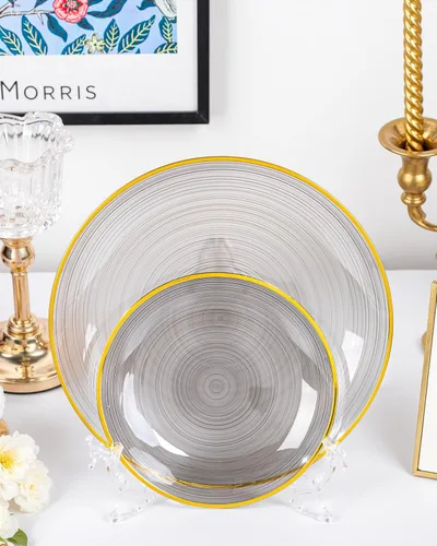 Miniatura 9 de Morejoy - 60 platos de plástico negro, platos desechables negros con borde dorado, placa dorada resistente, placa de diseño moderno de remolino que