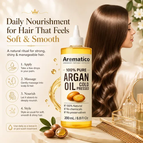 Miniatura 7 de Aromatico 100% Pure Argan Oil 7 fl oz – Lightweight, Non-Greasy Hair & Skin Oil for Smooth, Shiny Hair & Deep Moisture – Cold Pressed Multipurpose
