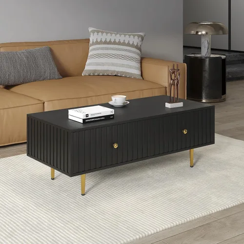 Miniatura 9 de HedoAjim Mesa de centro moderna con almacenamiento con 2 cajones grandes, mesa auxiliar rectangular negra para sala de estar, mesa de té acanalada