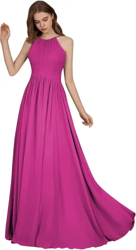 Huaxiafan Vestidos de dama de honor sin mangas, tirantes delgados, plisados, vestido de noche formal, cuello halter, vestido de graduación