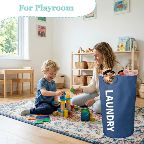 Miniatura 8 de WOOHA Cesta de lavandería grande de 95 L, cesta plegable para ropa, cestas altas de tela plegables para dormitorio, armario, baño, universidad, Azul