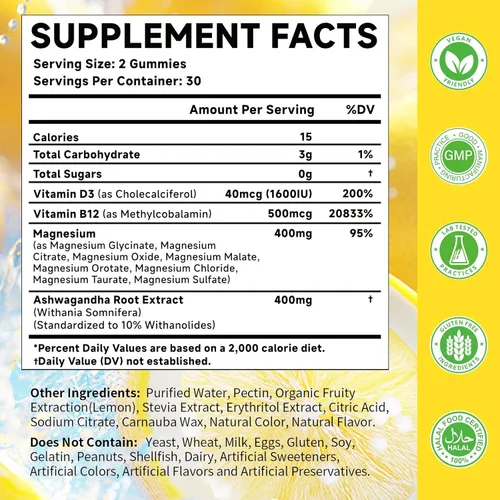 Miniatura 2 de Gomitas de complejo de magnesio de 400 mg para adultos y niños, 8 formas de mg - glicinato, citrato, malato y más, con vitamina D3, B12, suplementos