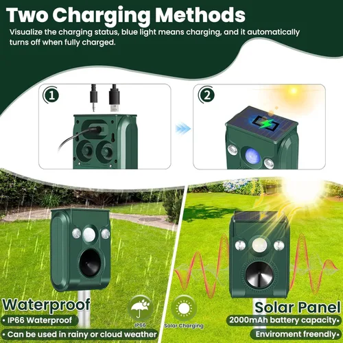 Miniatura 5 de Repelente de gatos para exteriores, paquete de 2 unidades, repelente solar de animales ultrasónico con sensor de movimiento y luz intermitente