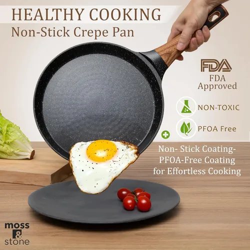 Miniatura 3 de Moss & Stone Sartén antiadherente para crepes de 9.5 pulgadas con esparcidor – Dosa Tawa de cerámica, sartén plana para Roti, panqueques, tortillas