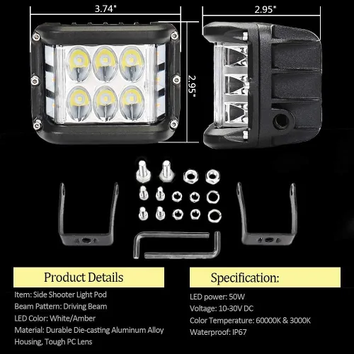 Miniatura 7 de Luces LED de cápsula de disparo lateral, luces de trabajo todoterreno de 4 pulgadas con DRL blanco y cubos LED de flash amarillo para camiones 4x4