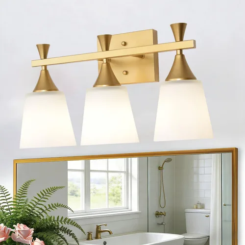 Lámpara moderna de tocador de baño de 3 luces, lámparas de pared de vidrio de leche sobre el espejo, iluminación de tocador de oro cepillado para