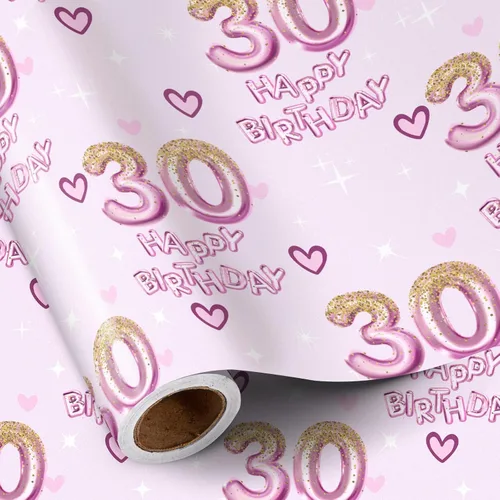 Miniatura 26 de RUSPEPA Papel de regalo de cumpleaños número 15 para niña, corazones y globos rosas del número 15, diseño de feliz cumpleaños, 15 años, mini rollo