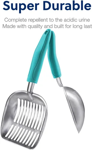 Miniatura 5 de WePet Cuchara de arena para gatos, tamiz de aleación de aluminio, pala de metal profunda, mango largo, tamizado de excrementos, levantador de heces