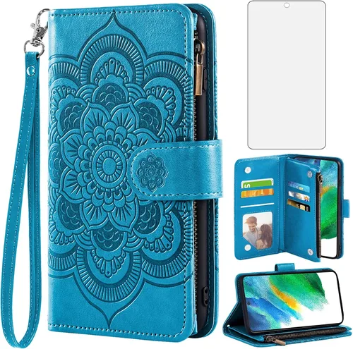 Asuwish Compatible con Samsung Galaxy S21 FE Gaxaly S 21 FE 5G - Funda tipo cartera y protector de pantalla de vidrio templado con tapa de cuero Azul