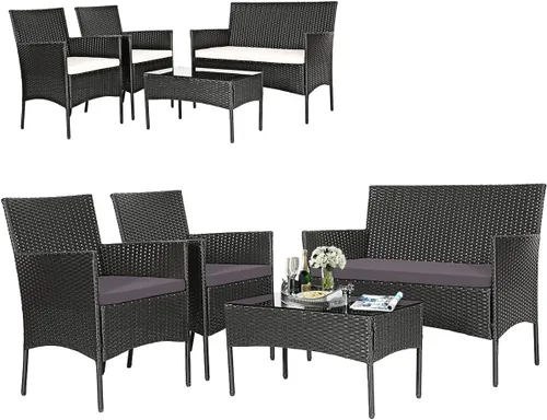 Tangkula Juego de muebles de patio de 4 piezas, juego de conversación de mimbre para exteriores con mesa de vidrio templado, juego de sofá y sillas