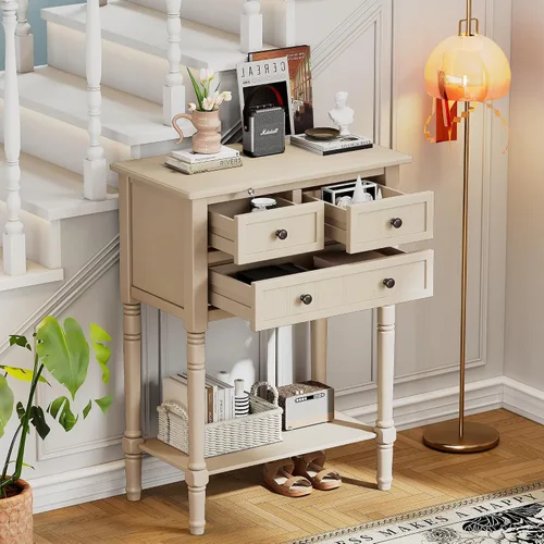 Miniatura 3 de Knocbel Mesa consola de entrada antigua delgada con 3 cajones y estante inferior abierto, mesa de sofá estrecha de madera maciza para entrada