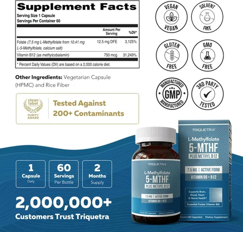 Miniatura 9 de L metilfolato 7.5 mg más metilo B12 - Forma activa 5-MTHF, suplemento MTHFR - Folato metilado listo para torrente sanguíneo + coactor B12 - Apoya