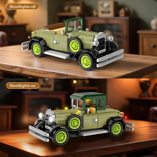 Miniatura 3 de Juego de construcción de modelo de coche clásico vintage con luz para adultos, niños y niñas (1297 unidades), modelo de autos antiguos, colección