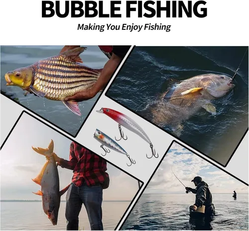 Miniatura 3 de Kit de señuelos de pesca mezclados, incluyendo ojos 3D Hard Minnow Popper cebos de manivela con ganchos para agua salada, trucha, lubina, salmón