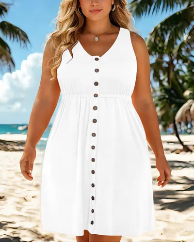 Miniatura 85 de Holipick Vestidos de verano para mujer, talla grande, casual, con bolsillos, acampanado, con botones, sin mangas, cuello en V