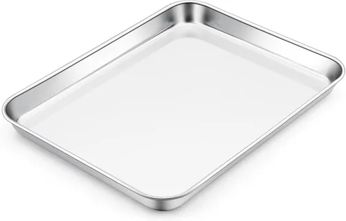Miniatura 8 de E-far Mini bandeja para horno tostador, bandeja para hornear galletas de acero inoxidable de 9.4 x 7.3 pulgadas, bandeja pequeña de metal no tóxico