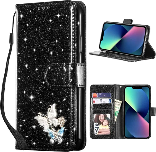 Miniatura 22 de UEEBAI Funda tipo cartera para iPhone 11, funda de piel sintética con purpurina para teléfono, ranuras para tarjetas, funda con función atril